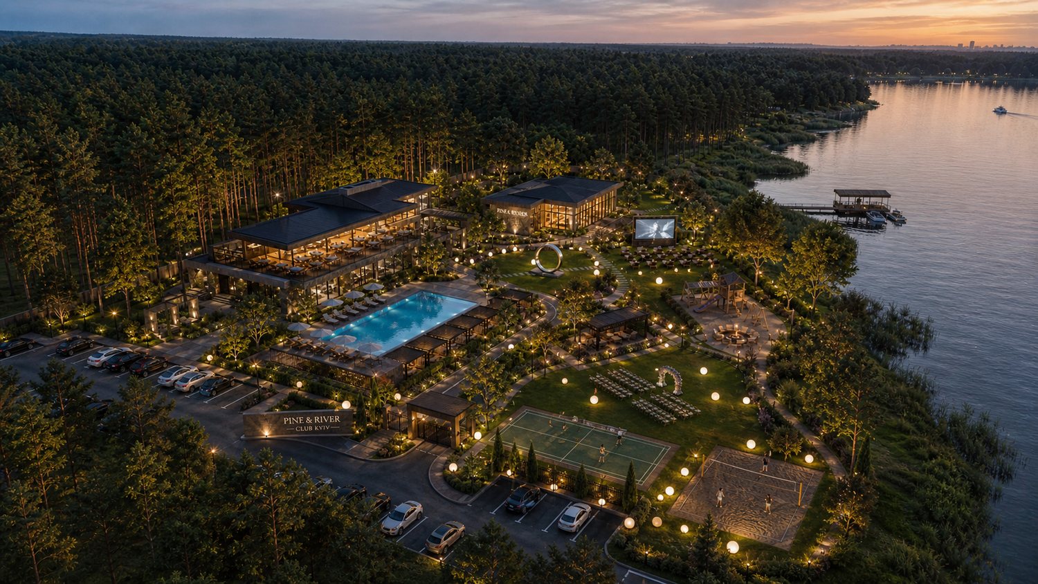 Pine & River Club Kyiv — вечірній вигляд території з висоти